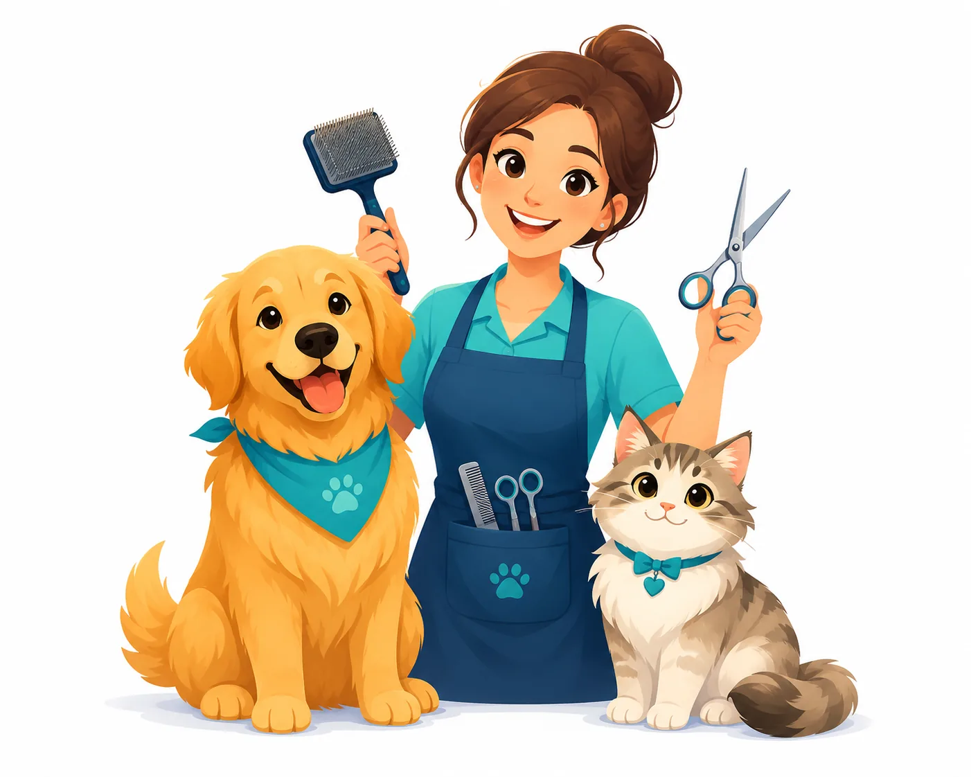 Friendly groomer with happy dog and cat