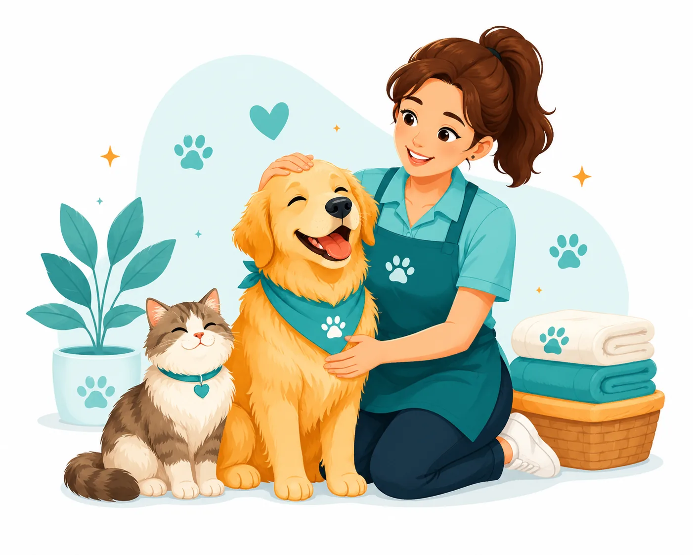 Groomer with happy pets